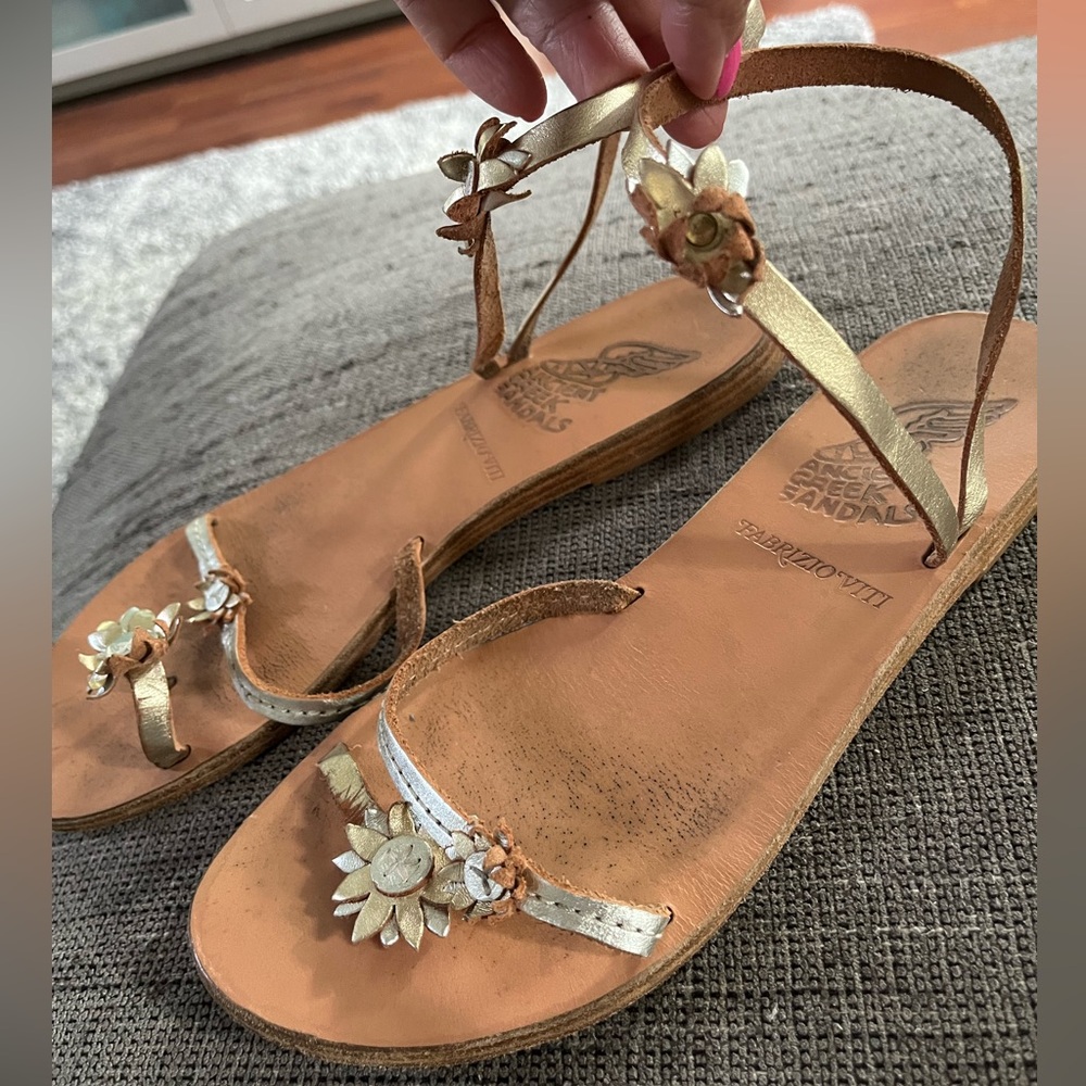 Ancient Greek Sandals Gold Metallic Strappy Floral Leather Sandals SZ 39